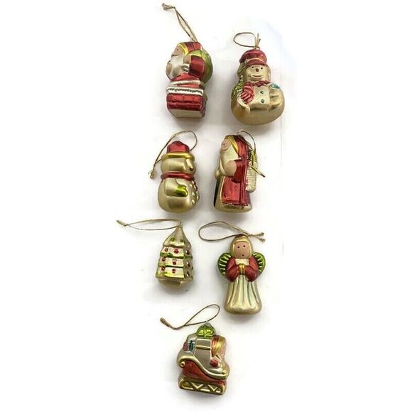 Blown Glass Christmas Ornaments Snowmen Tree Santa and Sleigh Set of 7 - Picture 1 of 16